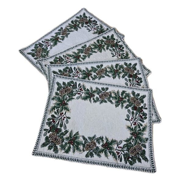 Vtg Set 4 Tapestry Holiday Placemats 13"x18" Green Berries Christmas Victorian - Picture 1 of 10